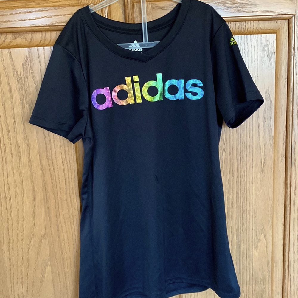 Climate cool girls adidas silky, shinty lettering tee.